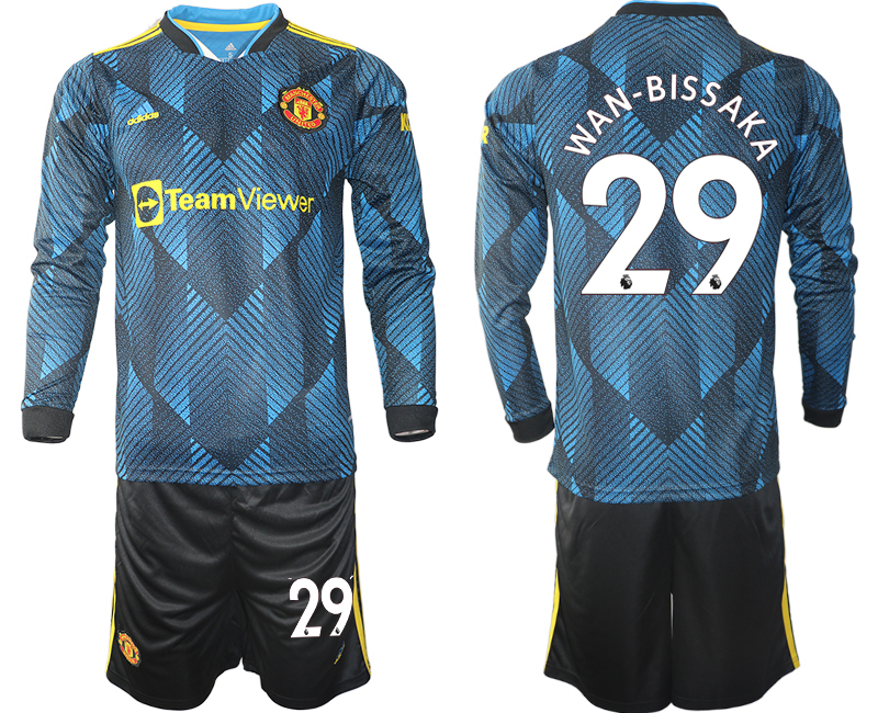 Men 2021-2022 Club Manchester united second away blue Long Sleeve #29 Soccer Jersey